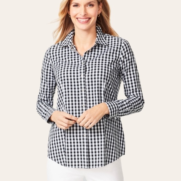 TALBOTS Petites Non-Iron Black White Gingham Long Sleeve Button Front Shirt 14P - Picture 1 of 10